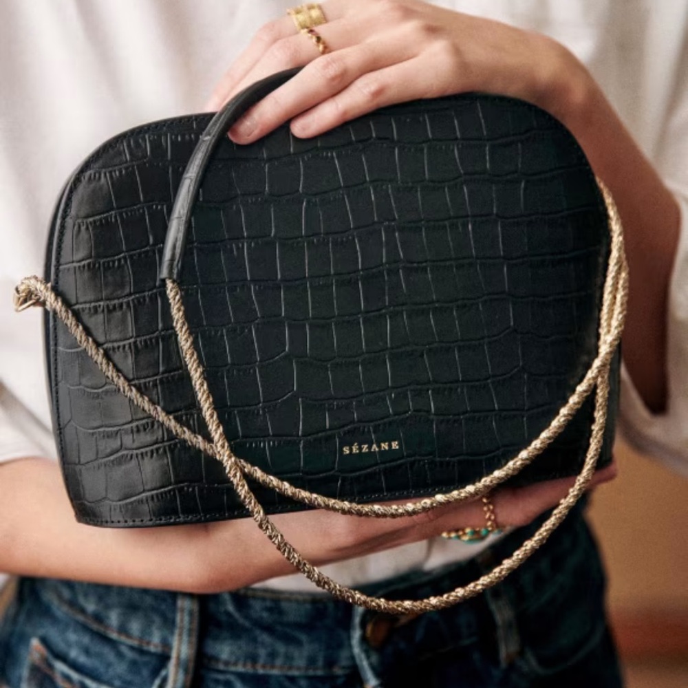 Sezane Victor Black Croc-Embossed Crossbody Bag